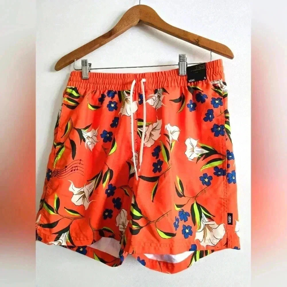VANS Floral Orange Music 17" Relaxed Shorts No Lining Swim Trunks Men Size Small